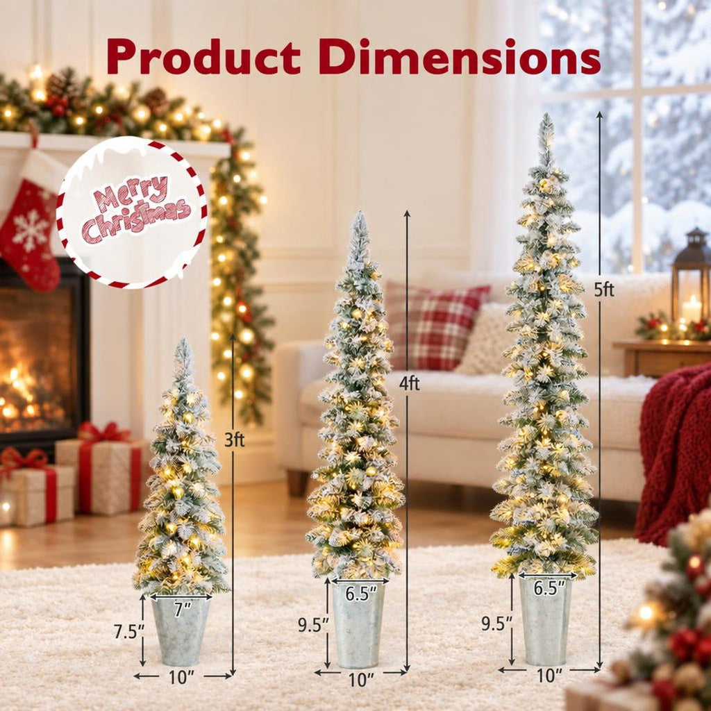 Airfind Set of 3 Pre-Lit Snow Flocked Artificial Christmas Trees witrh 423 Branch Tips, PVC Tree Height 3 ft Tree Width 10in Frame