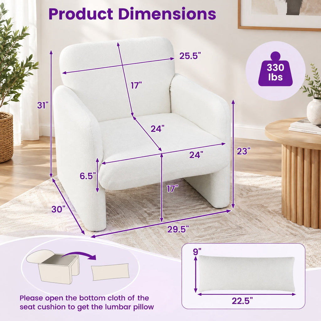 Airfind Modern Upholstered Chenille Accent Chair with Removable Lumbar Pillow, 330 lbs Capacity, Chenille Fabric Sponge PP Cotton Wood Frame, White