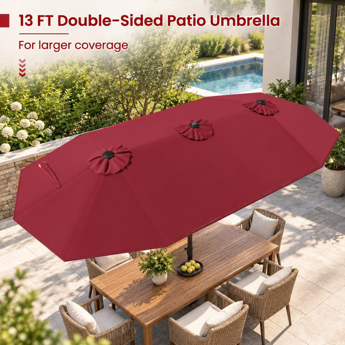 Airfind 13FT Double-sided Patio Umbrella with Solar Lights for Garden Pool Backyard, Metal 180g Yarn Dyed Fabric PA Coating Frame, Wine