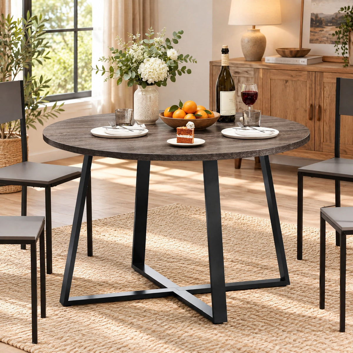 Airfind 47 Inch Round Dining Table with Stable X-shaped Base and Round Thickened Tabletop, 220 Lbs Capacity, Engineered Wood Metal, Gray Oak, Gray