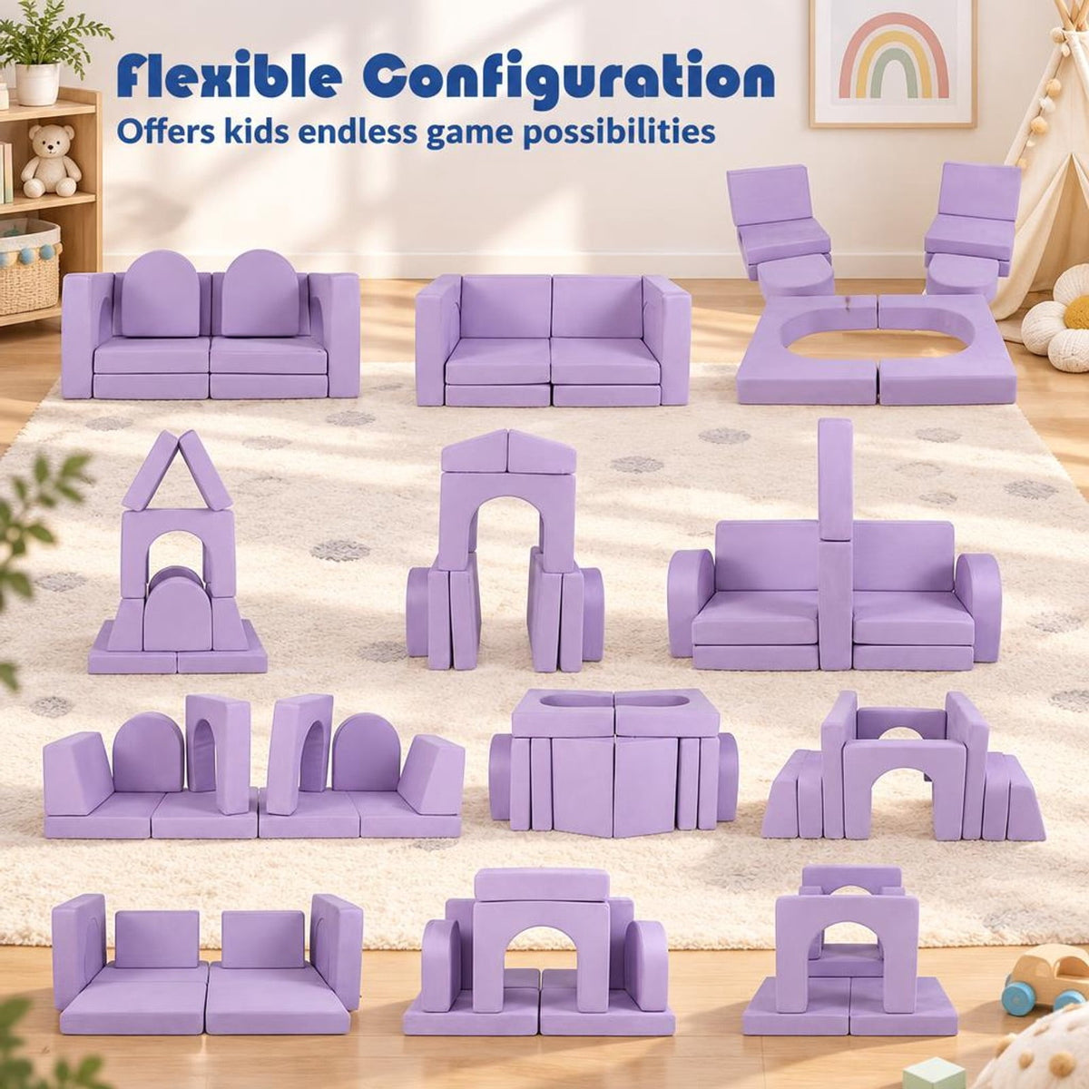 AIRFIND Kids Play Couch 8-Piece Modular Foam Sofa with Cushions, Arches and Half Moons, Removable Washable Suede Fabric Covers, Purple