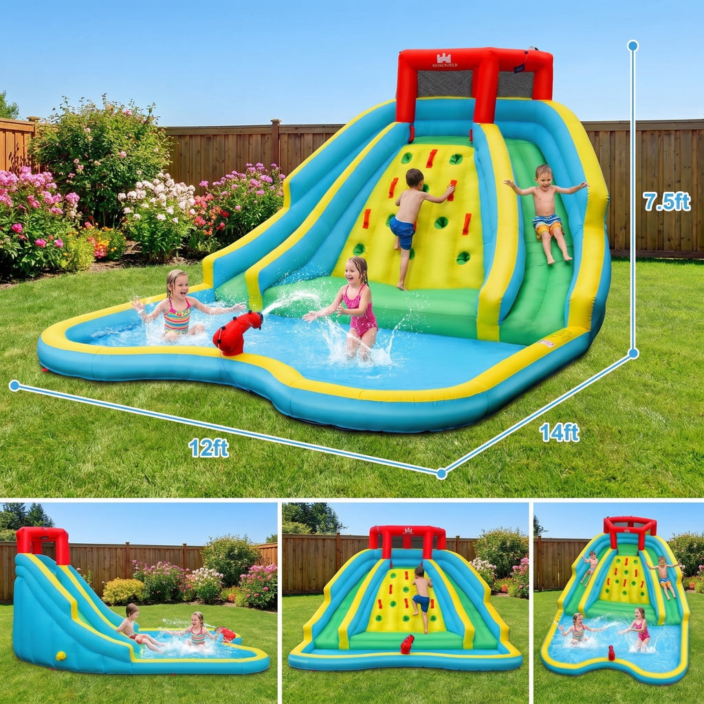 Airfind Double-Side Inflatable Water Slide Park with Climbing Wall, Dual Slides, Splash Pool and Water Cannon, 178x144x92in Bounce House for Kids 3-8