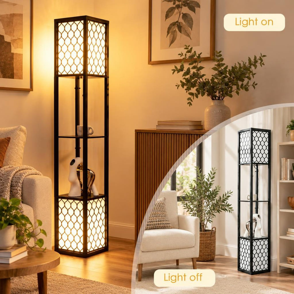 Airfind Modern Shelf Freestanding Floor Lamp with Double Lamp Pull Chain and Foot Switch, MDF Frame, 10in x 10in x 62in Footprint, Black+ White