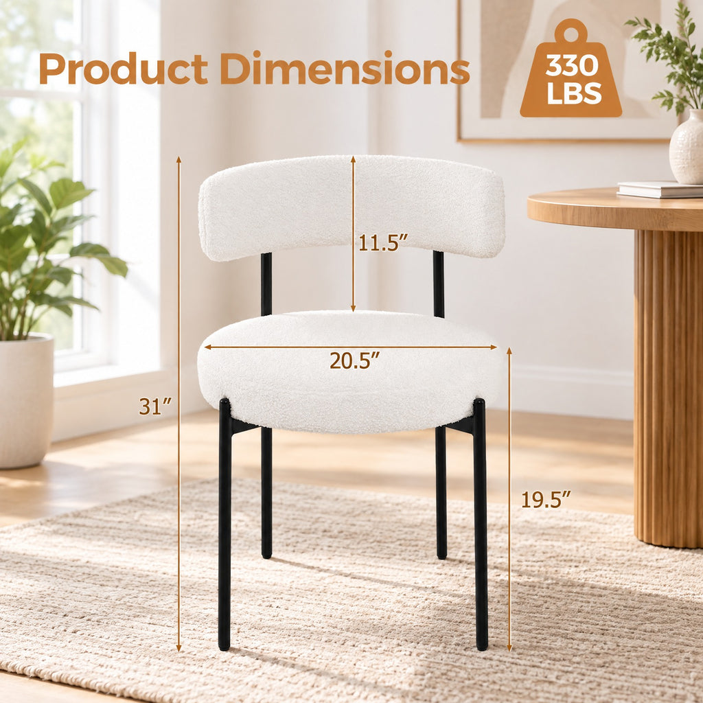 Airfind Boucle Dining Chair with Curved Backrest and Metal Legs Set of 2, Faux Sherpa Metal Sponge Frame, 20.5 x 20.5 x 31 Footprint, White