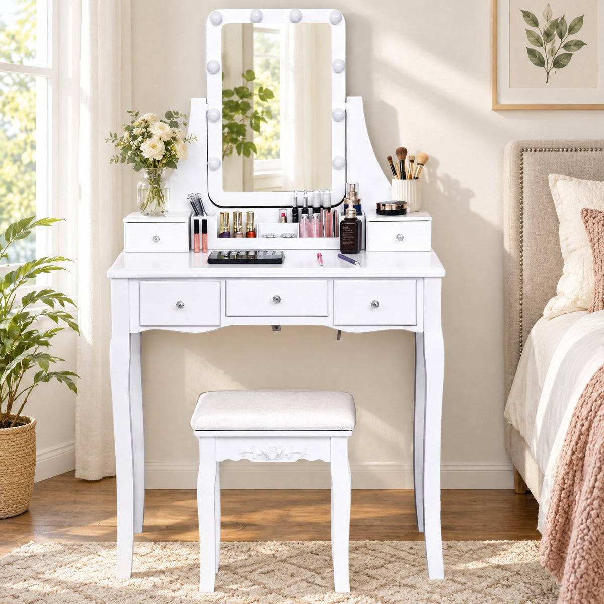Airfind 10 Dimmable Light Bulbs Vanity Dressing Table with 2 Dividers and Cushioned Stool, 286 lbs Capacity, MDF Frame, White
