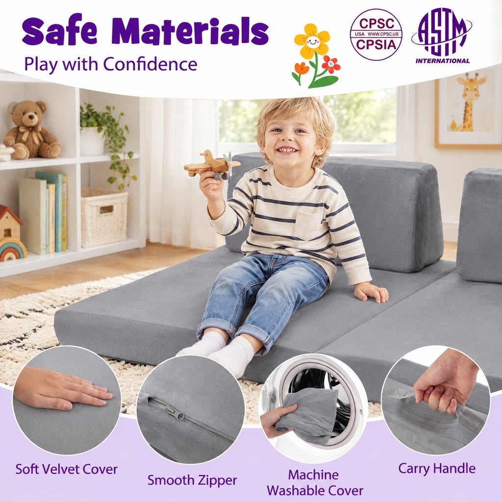 Airfind 6 Pieces Modular Kids Play Couch Set with Washable Covers for Living Room Playroom, 50.5 x 28.5 x 9Circular Block Footprint