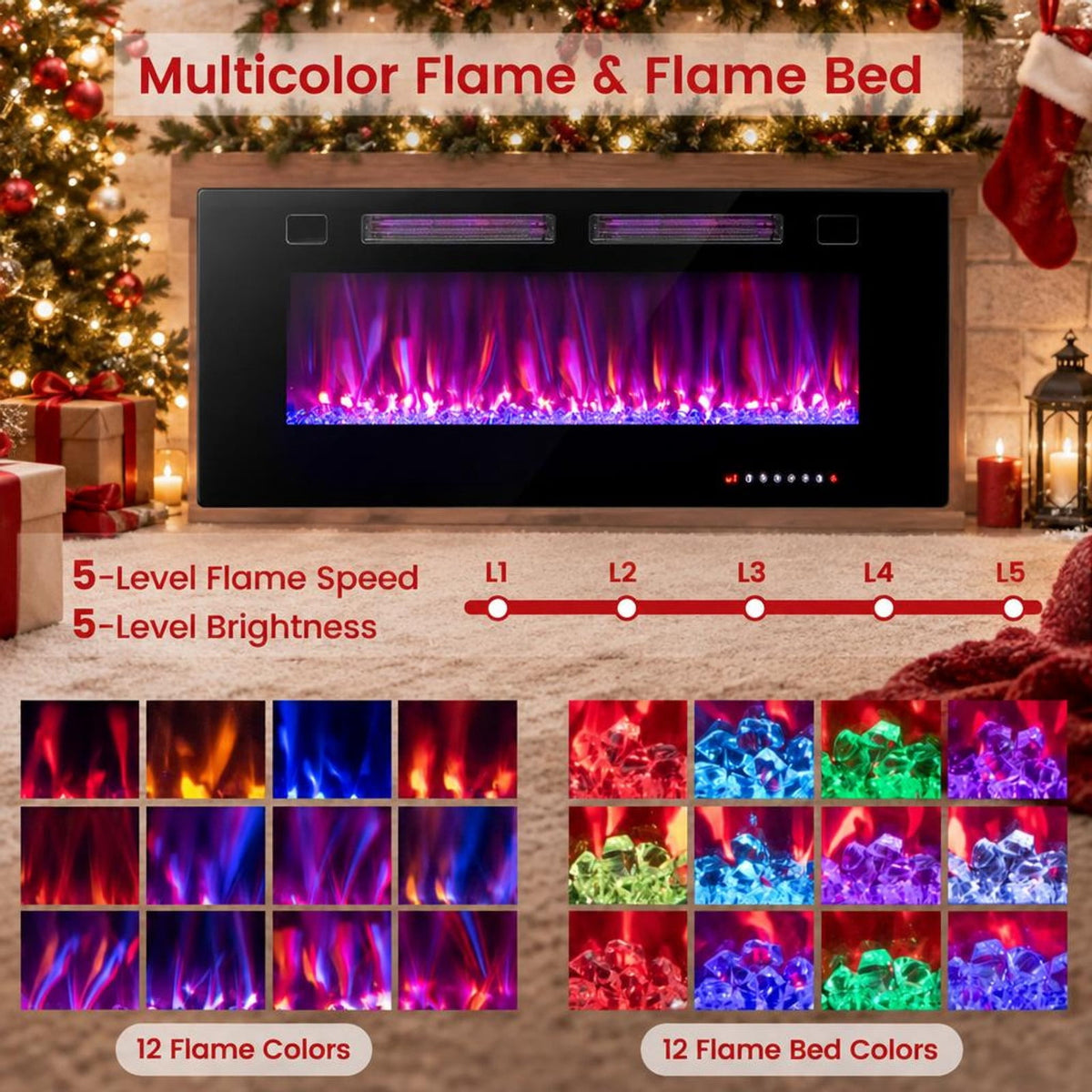 Airfind 42 Inch Ultra-Thin Electric Fireplace with Decorative Crystals and Smart APP Control-42 inch, Steel Tempered Glass 42 Inch: Frame, Black