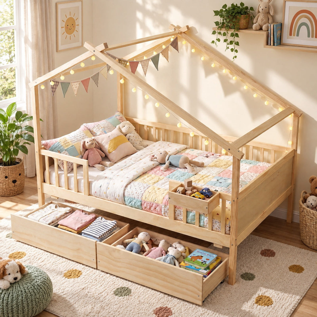 Airfind Full Size House Bed with Roof and Fence Rails for Kid, 550 lbs Capacity, Pine Wood Plywood MDF Engineered Wood Frame, Natural