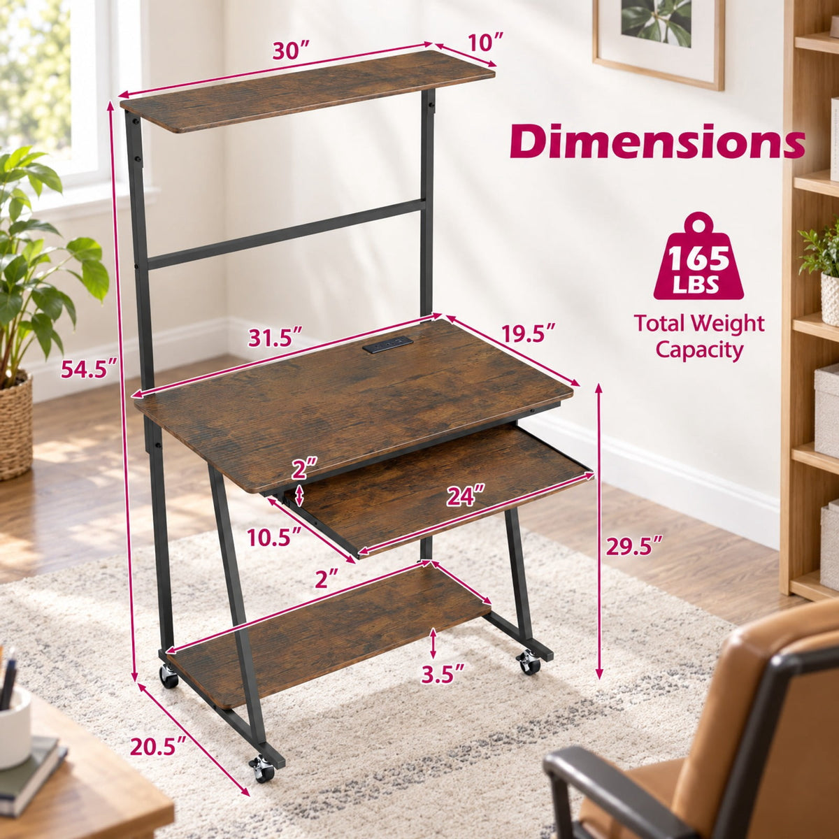 Airfind Small Computer Desk with Charging Station and LED Lights and Wheels, 165 lbs Capacity, Metal Engineered Wood Frame, Brown