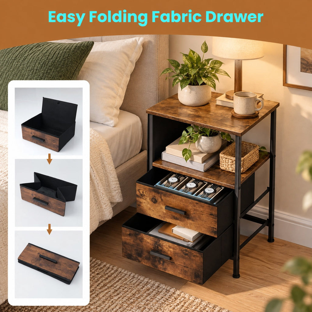 Airfind End Table with Charging Station Set of 1 Nightstand with 2 Folding Fabric Drawers, 110 lbs Capacity, Rustic Brown + Black