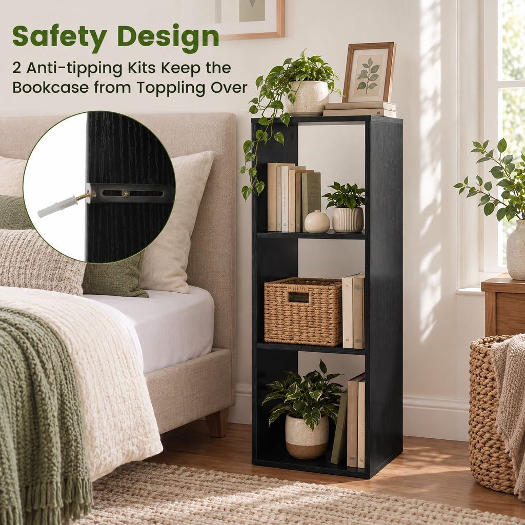 Airfind 3 Cube Bookshelf with Back Guardrail for Living Room Bedroom, Engineered Wood Frame, 14 Inch x 13 Inch x 41 Inch Depth of Bottom Shelf 12 Inch Footprint
