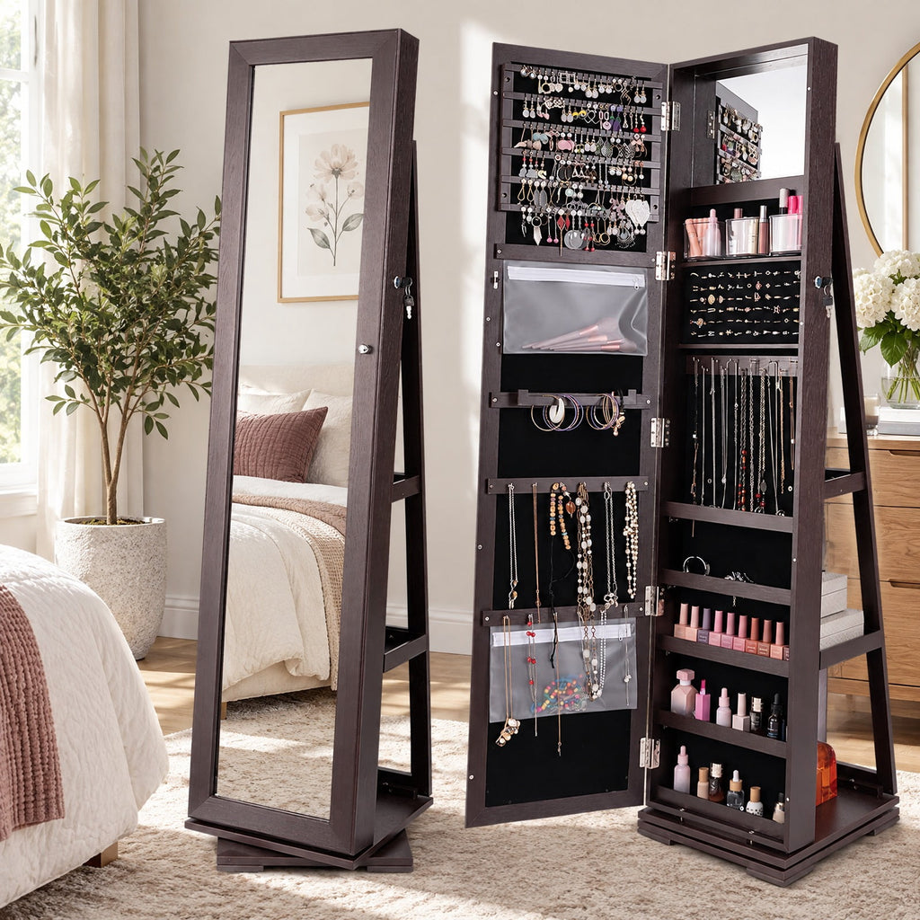 Airfind Jewelry Cabinet, 360¡ã Rotatable 2-in-1 Lockable, with Full-Length Mirror, P2 MDF Frame, 15 Inch x 15 Inch x 63.5 Inch (L x W x H) External, Brown