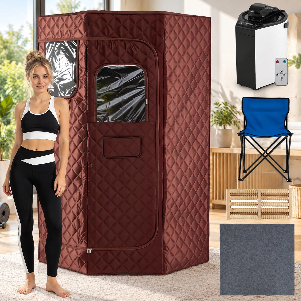 AIRFIND Portable Steam Sauna with 3 L Steamer, 9 Heat Levels, 15-99 Minute Timer, Remote Control, Folding Chair and Floor Mat, Brown
