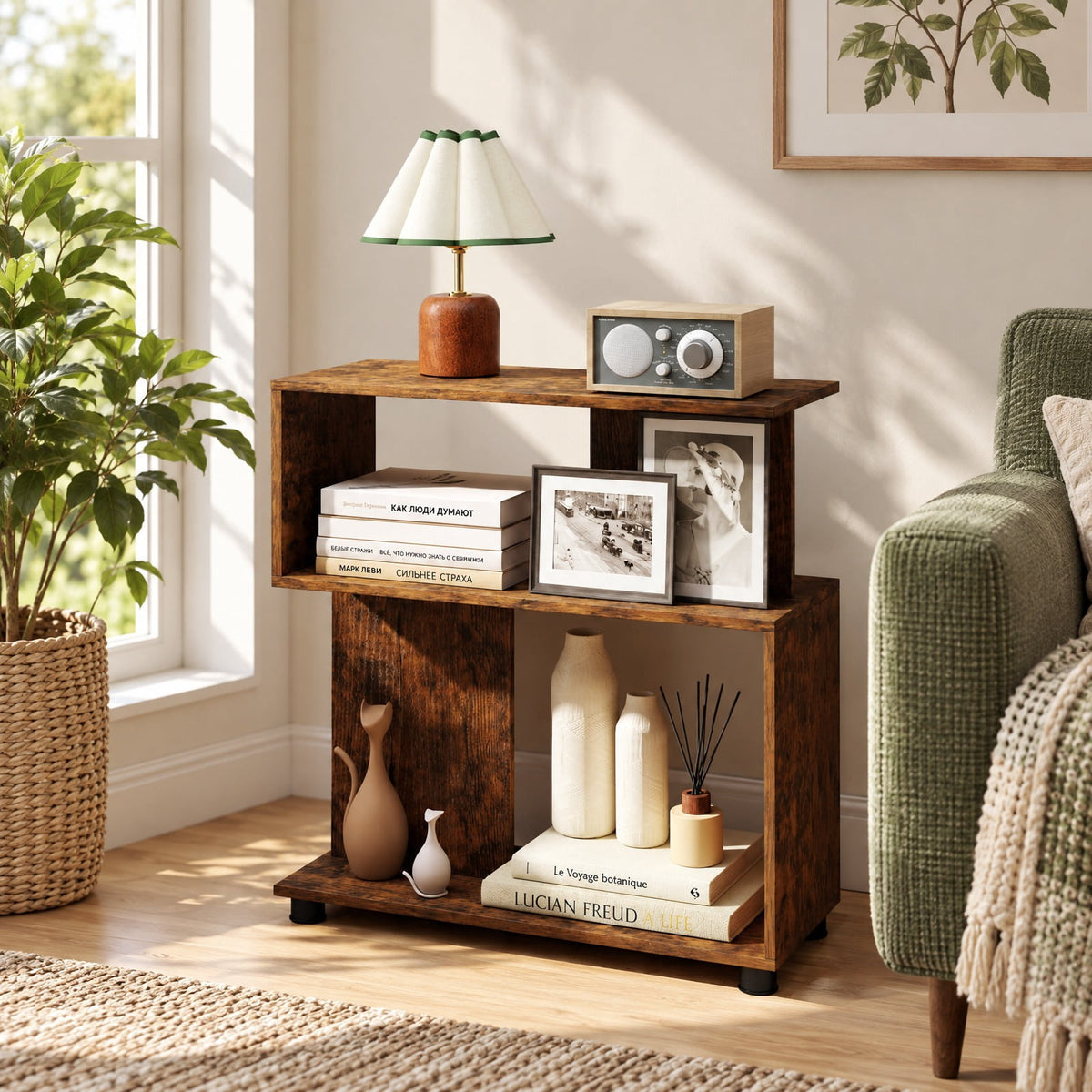 Airfind 3-Tier Modern S-shaped Bookshelf with Adjustable Feet, 135 lbs Capacity, Engineered Wood Frame, Brown