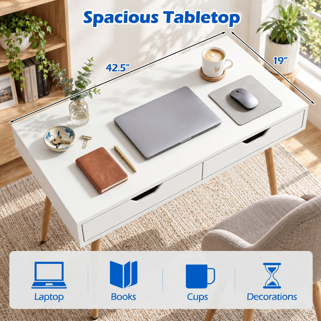 Airfind 43.5 Inch Computer Desk with 2 Drawers for Small Spaces, 165 lbs Capacity, Engineered Wood Frame, White