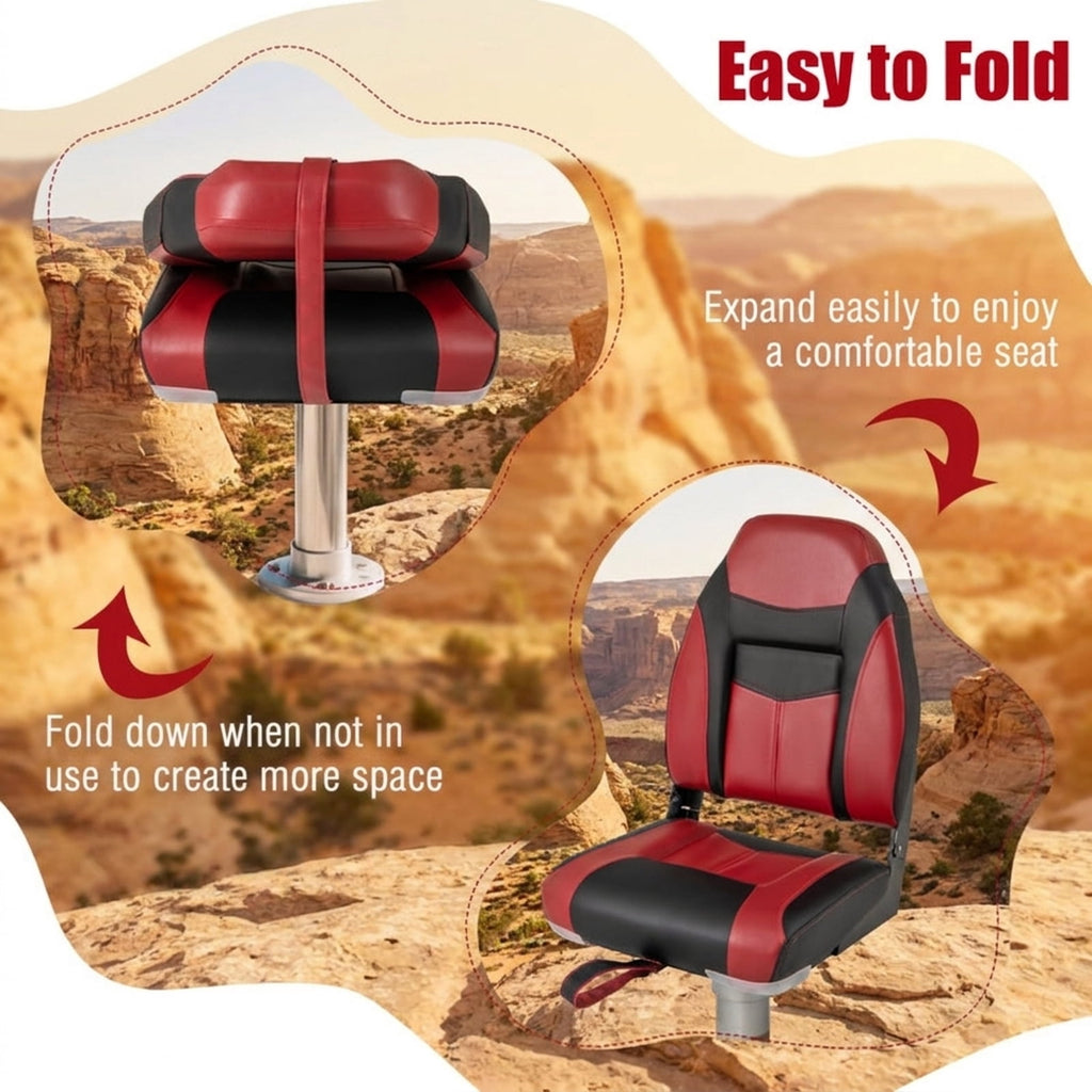 Airfind Folding Boat Seats with High Back Ergonomic Support and Waterproof Cushion for Fishing and Pontoon Boats with Aluminum Hinges, Red