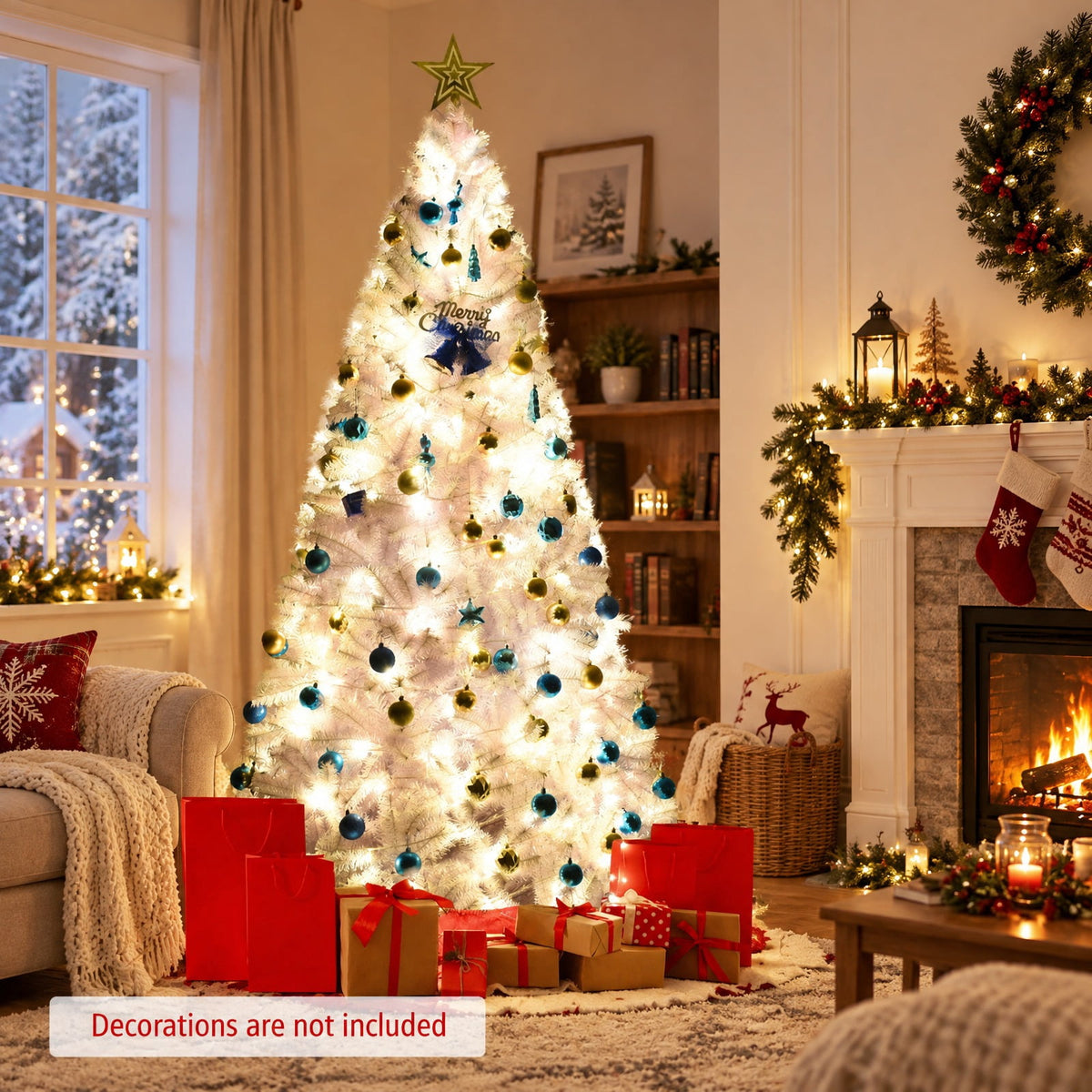 Airfind 6 / 7.5 / 9 Hinged Artificial Christmas Tree with Metal Stand-7.5 ft, PVC iron Frame, φ 3.8 ft x 6 ft Footprint, White