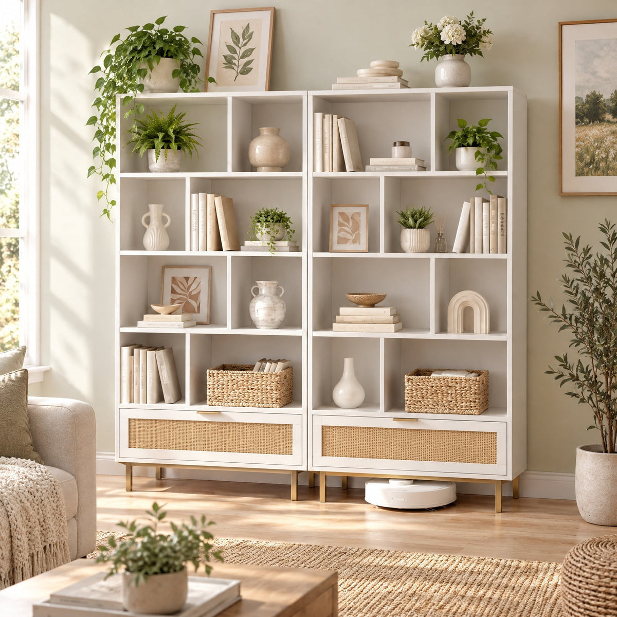 Airfind 64 inch 6-Tier Tall Wooden Bookcase with 8 Open Cubes, 33 lbs Capacity, Engineered Wood Metal Frame, 33in x 12in x 64in Footprint, White
