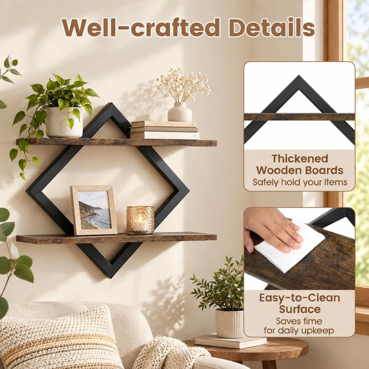 Airfind Set of 2 Metal Floating Shelves for Wall featuring Geometric Frame, Engineered Wood Metal Frame, 15 Inch x 6.5 Inch x 14 Inch Footprint, Brown