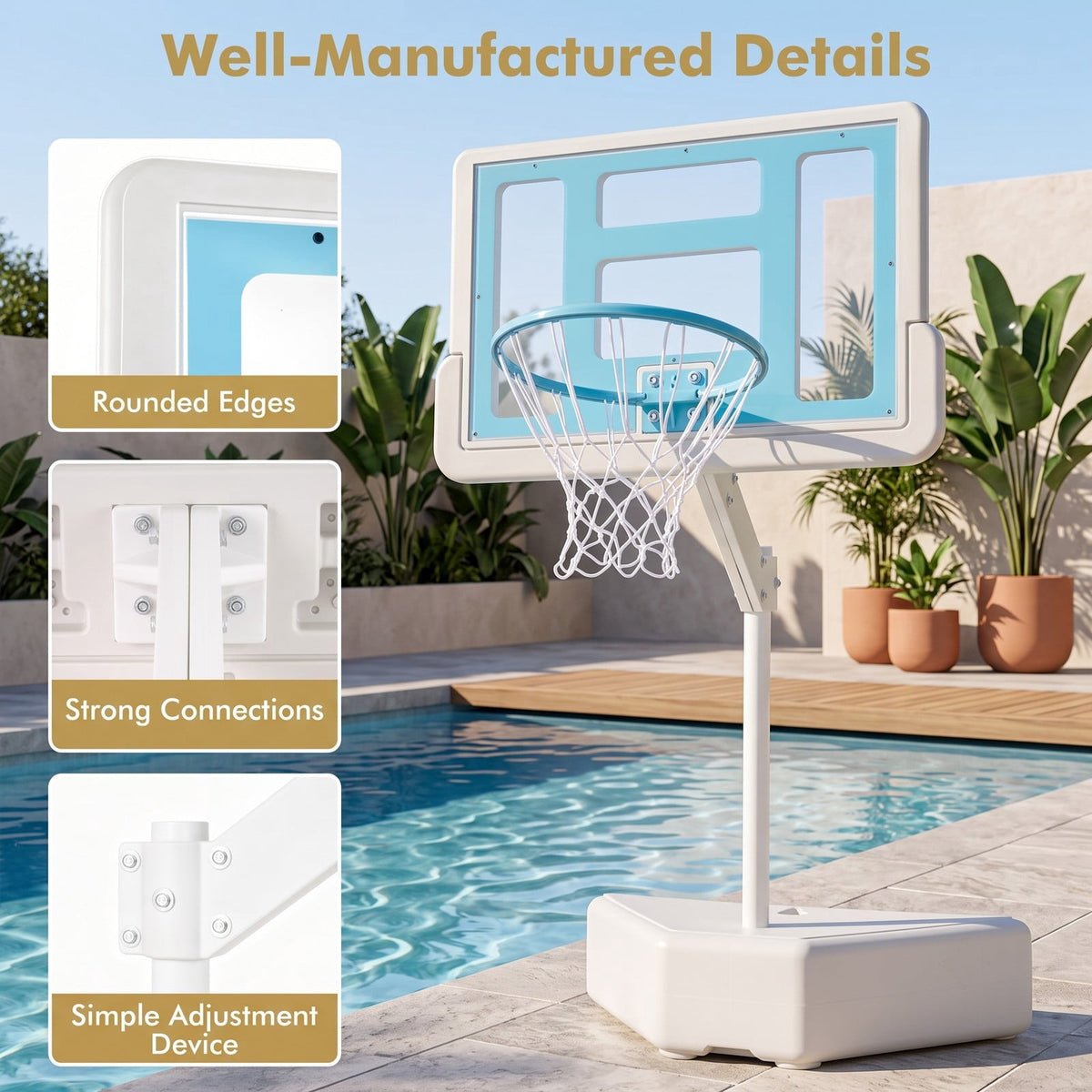 Airfind Poolside Basketball Hoop System, Adjustable Height Pool Basketball Set with 2 Water Balls and Pump, Metal PC Backboard for Swimming Pool Outdoor Family, Blue
