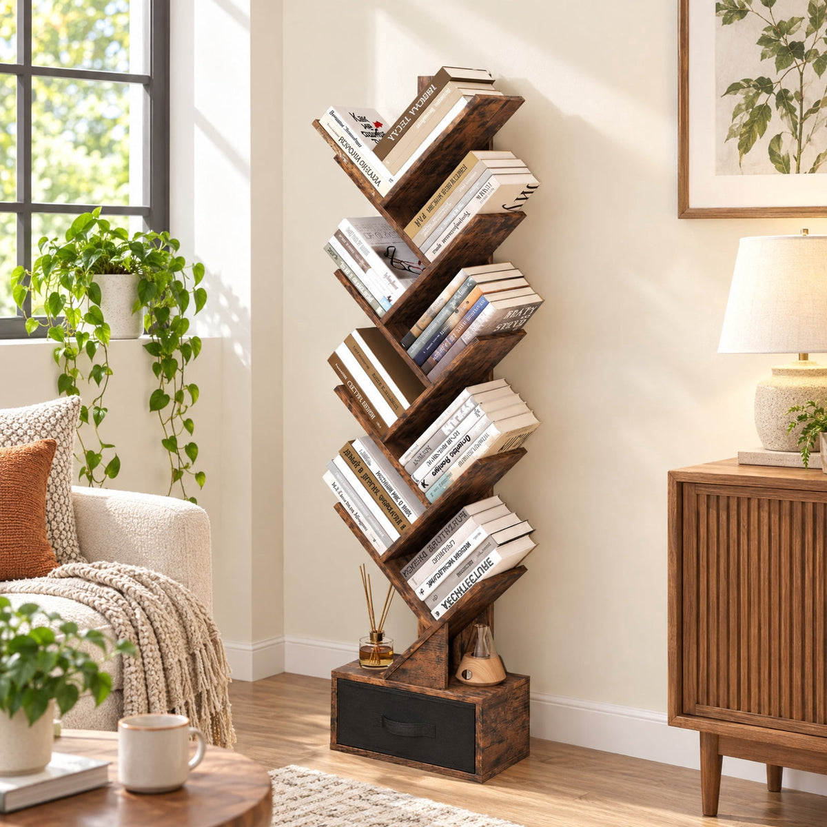 Airfind 10-tier Tree Bookshelf with Drawer Free, 26.5 lbs Capacity, 13 x 7 x 5.5 (L x W x H)Overall Footprint, Rustic Brown Black