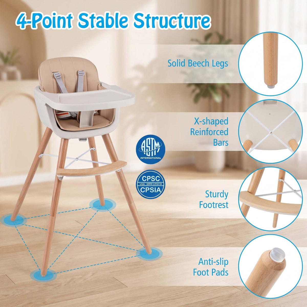 Airfind 6-in-1 Convertible Wooden Highchair with Safety Harness and Adjustable Legs, 33 Lbs with Beech PP PE PU Sponge Construction, Unspecified
