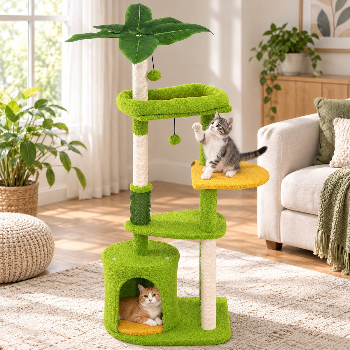 Airfind Cute Cat Tree for Adult Cats Multi-level Kitty Tower, Engineered Wood EVA Sisal Teddy Fleece Product Height 48 Base Frame, Green