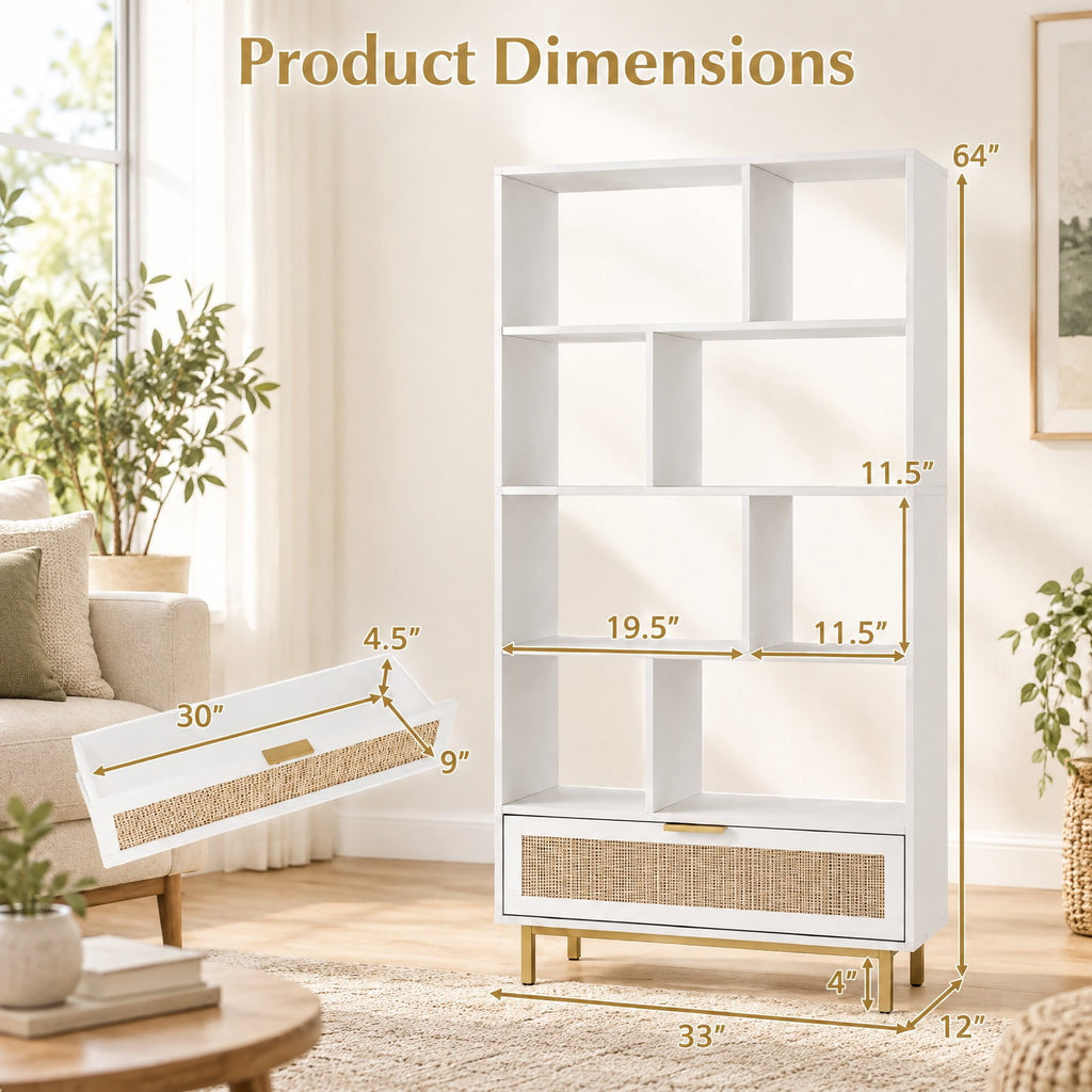 Airfind 64 inch 6-Tier Tall Wooden Bookcase with 8 Open Cubes, 33 lbs Capacity, Engineered Wood Metal Frame, 33in x 12in x 64in Footprint, White