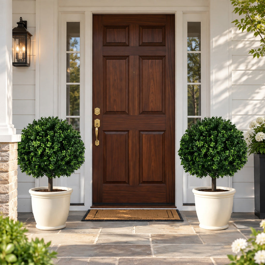 Airfind 27 Inch Artificial Boxwood Topiary Trees Set of 2 with Ground Spikes for Porch Patio, 14 Inch x 27 Inch Length of Ground Spike 8 Inch Total Footprint