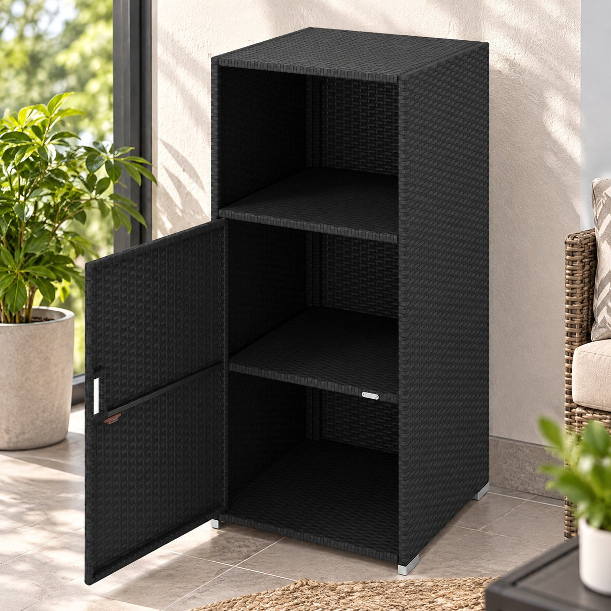 Airfind Outdoor PE Wicker Storage Cabinet with Door and Open Compartment for Patio, Shelf 66 lbs Capacity, PE Rattan Metal Frame, Black