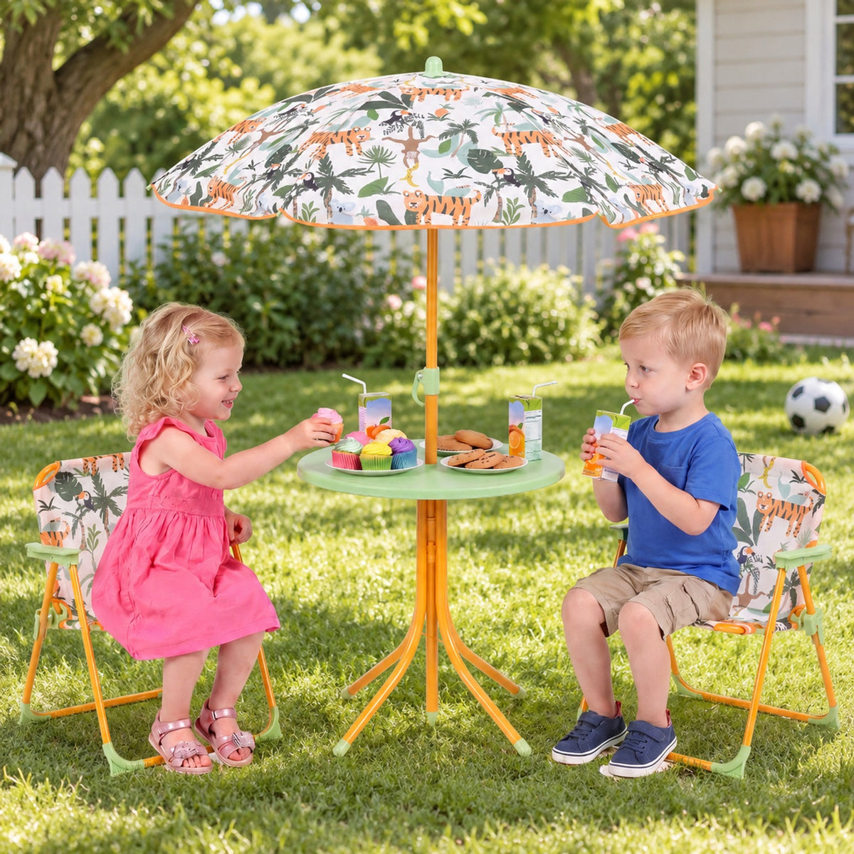 Airfind Kids Outdoor Table and Chair Set with 2 Folding Chairs and Height Adjustable Umbrella, 165 lbs Capacity, for 3-6 Years Old, Yellow