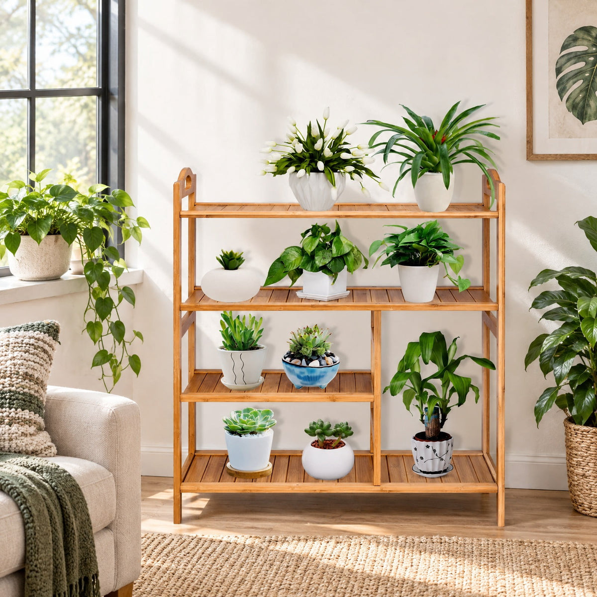 Airfind Shoe Rack, 4 Tiers Multifunction Bamboo Storage, for Entryway Hallway, 44 lbs Capacity, Bamboo Frame, Wood color, Natural