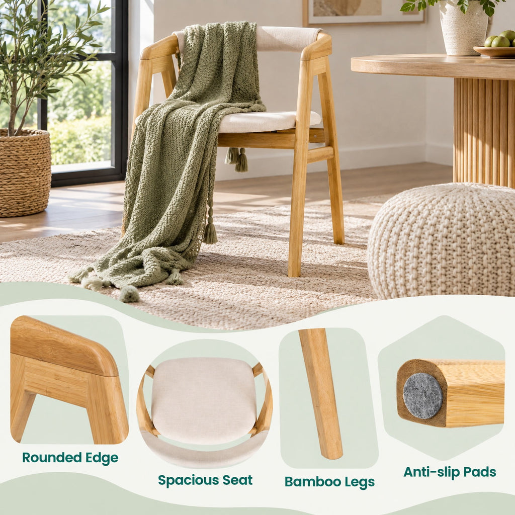 Airfind Leisure Bamboo Dining Chair with Curved Back and Anti-slip Foot Pads, 286 lbs Capacity, Bamboo Frame, 22.5 x 21.5 x29 Footprint, Natural