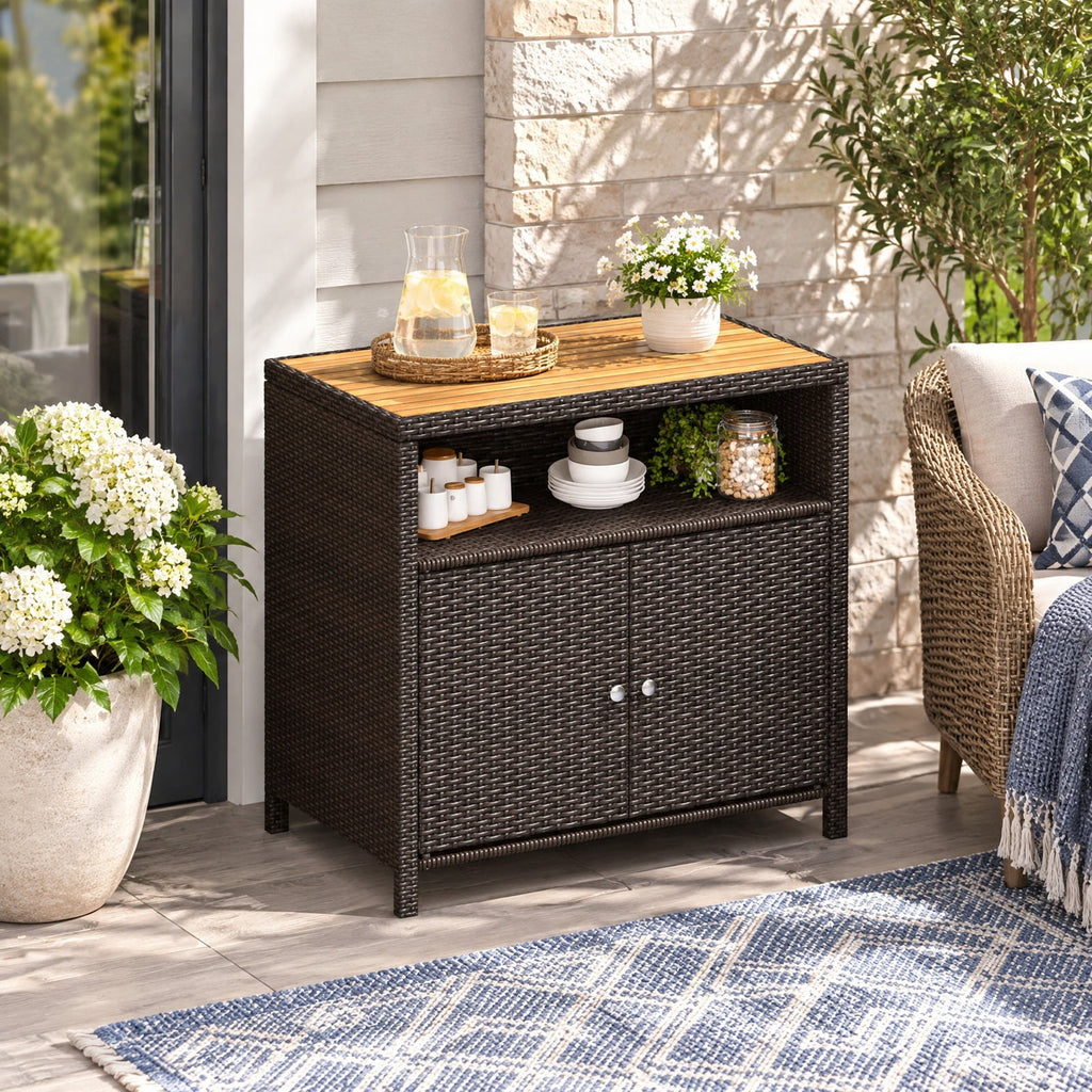 Airfind Rattan Storage Cabinet with Acacia Wood Countertop for Poolside Deck and Patio, 100 lbs Capacity, PE Rattan Acacia Wood Metal Frame, Brown
