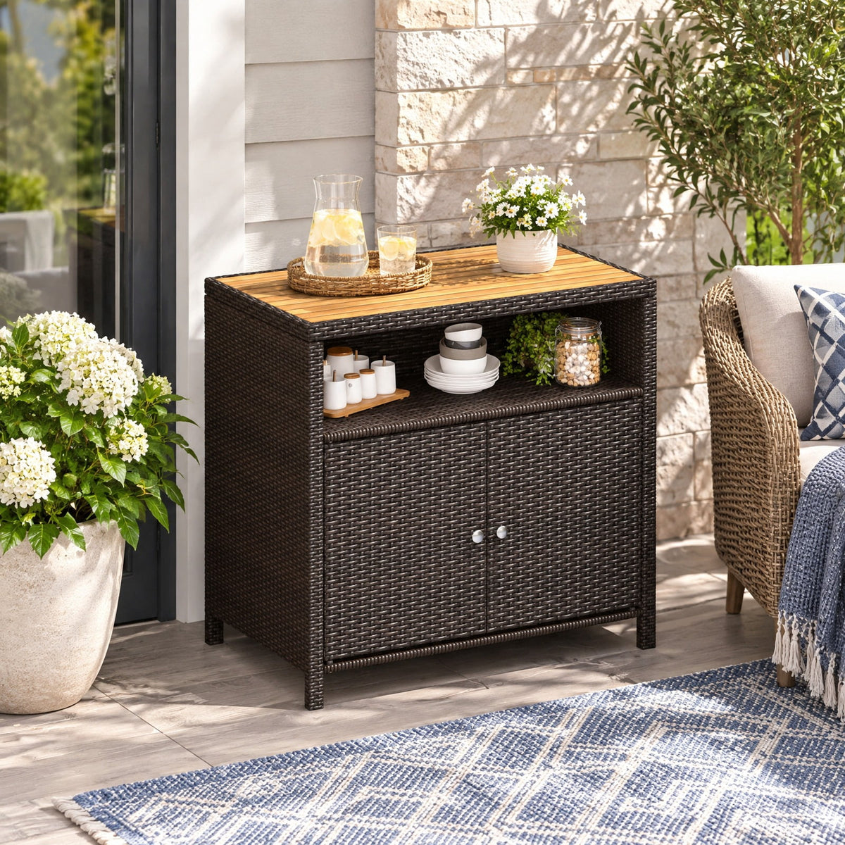 Airfind Rattan Storage Cabinet with Acacia Wood Countertop for Poolside Deck and Patio, 100 lbs Capacity, PE Rattan Acacia Wood Metal Frame, Brown