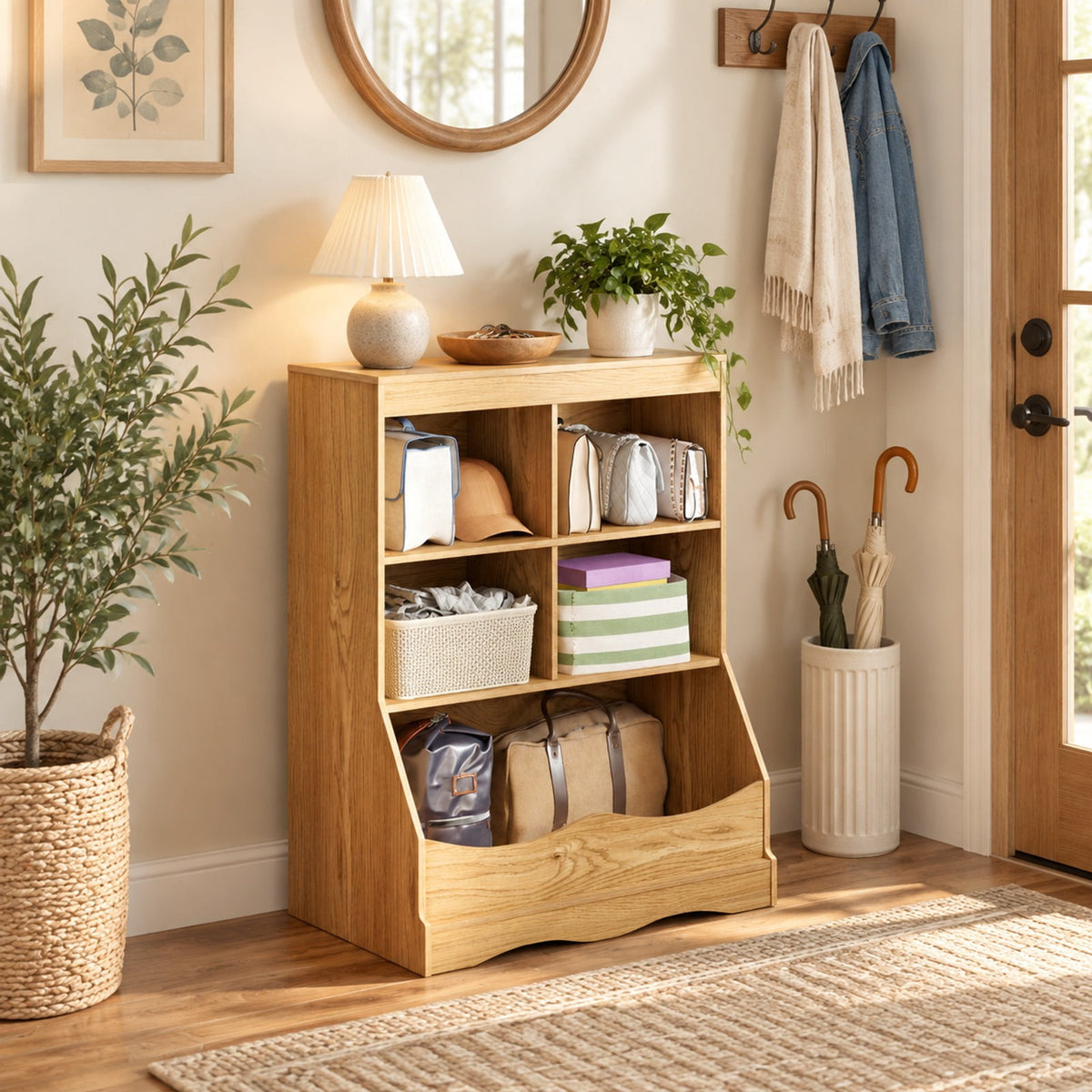 Airfind 3-Tier Youth Multi-Functional Bookcase Toy Storage Bin Floor Cabinet, 66 Lbs Capacity, MDF Engineered Wood, Natural