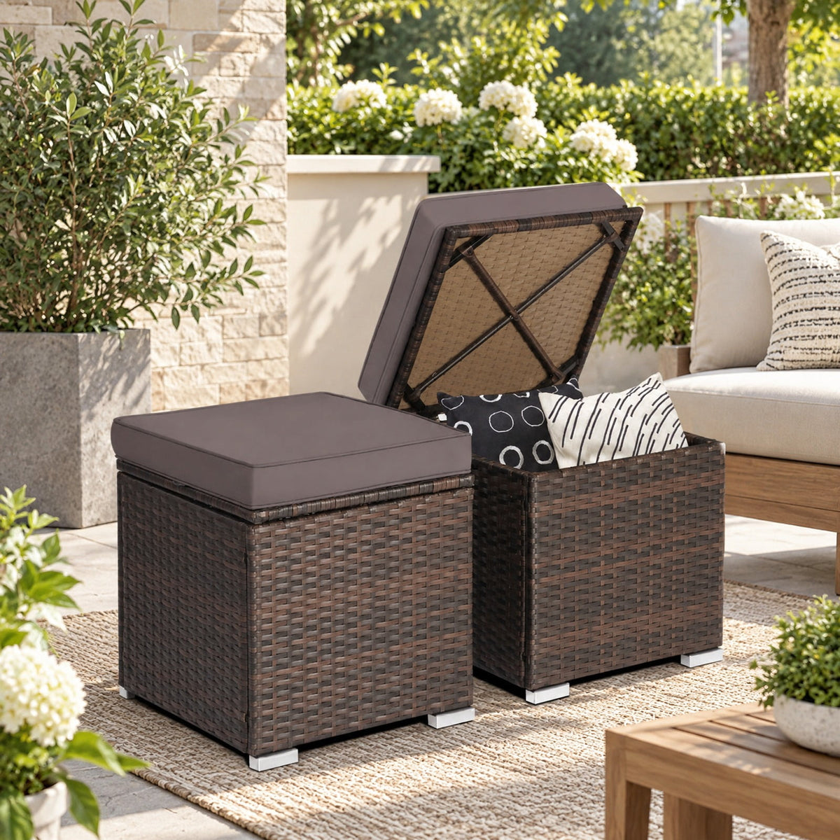 Airfind 2 Pieces Patio Ottoman with Removable Cushions, 350 lbs Capacity, Metal PE Rattan Sponge Polyester Frame, 16 x 16 x 15.5 Footprint, Gray