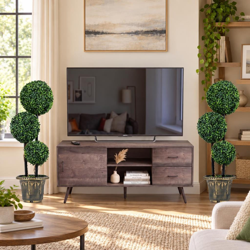 Airfind 35 Inches Artificial Boxwood Topiary Tree Triple Ball Shrubs, PE Metal Solid Wood Cement PP Tree Height 29 Inch /35 Inch Pot Frame