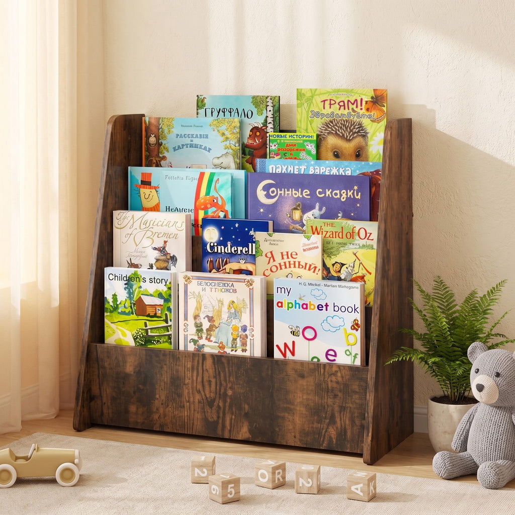 Airfind 4-Tier Kids Bookshelf with Deep Compartments for Bedroom, 22.5 x 10.5 x 23 inch Footprint, Brown
