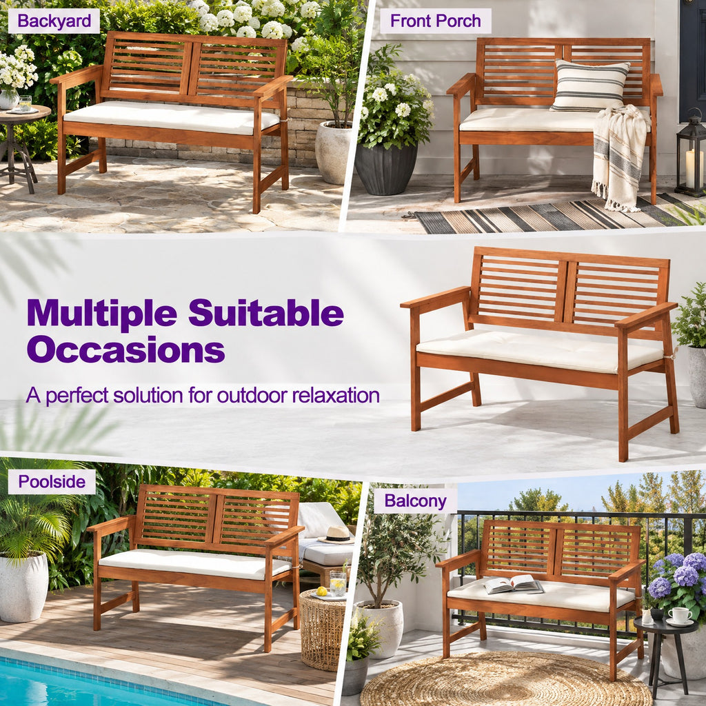 AIRFIND Outdoor Bench for 2 with Solid Wood Frame, Slatted Backrest and Tie-On Seat Cushion, 43.5 inch Patio Loveseat, Natural and Off White