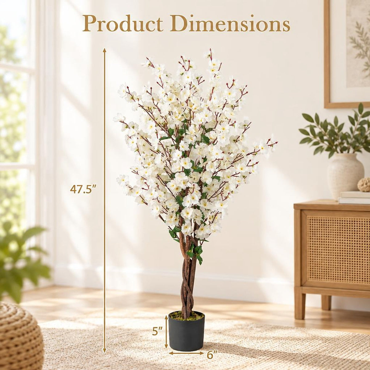 AIRFIND Artificial Plum Blossom Tree 47 in with White Fabric Flowers, Wood Trunk and Cement-Filled Pot for Home and Office Decor