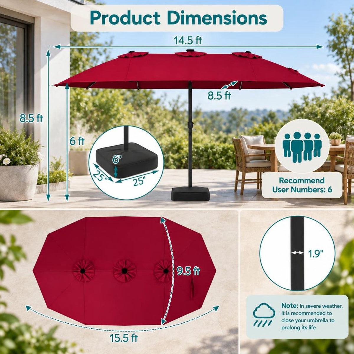 Airfind 15.5FT Extra-Large Patio Umbrella with Base 12 Reinforced Ribs, 180G Polyester Fabric Metal External Frame, Red