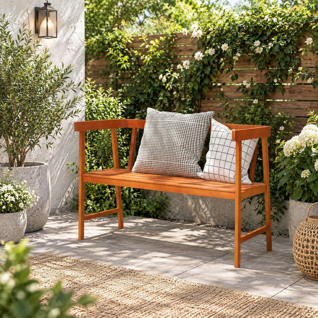 Airfind Outdoor Eucalyptus Wood Bench with Backrest and Armrests, 800 lbs Capacity, Eucalyptus wood Frame, Wood