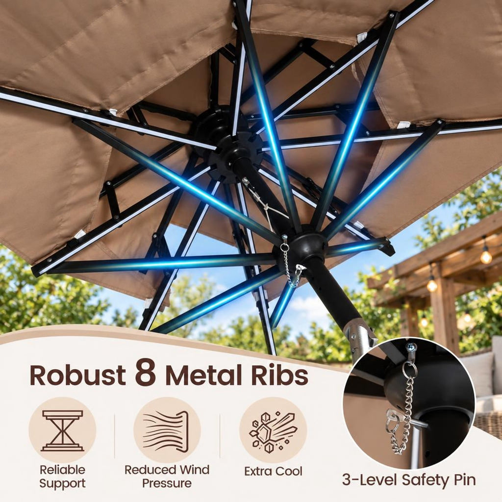 Airfind 9 FT Solar Thatched Tiki Umbrella with 96 Multi-colored Flowing Lights and 12 Modes, PE Thatch Polyester Fabric Metal Frame, Beige