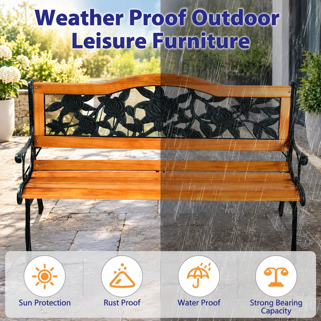 Airfind Garden Bench Chair Outdoor Wooden Loveseat with Iron Armrest, 463 lbs Capacity, Cast Iron Frame, Black + Natural