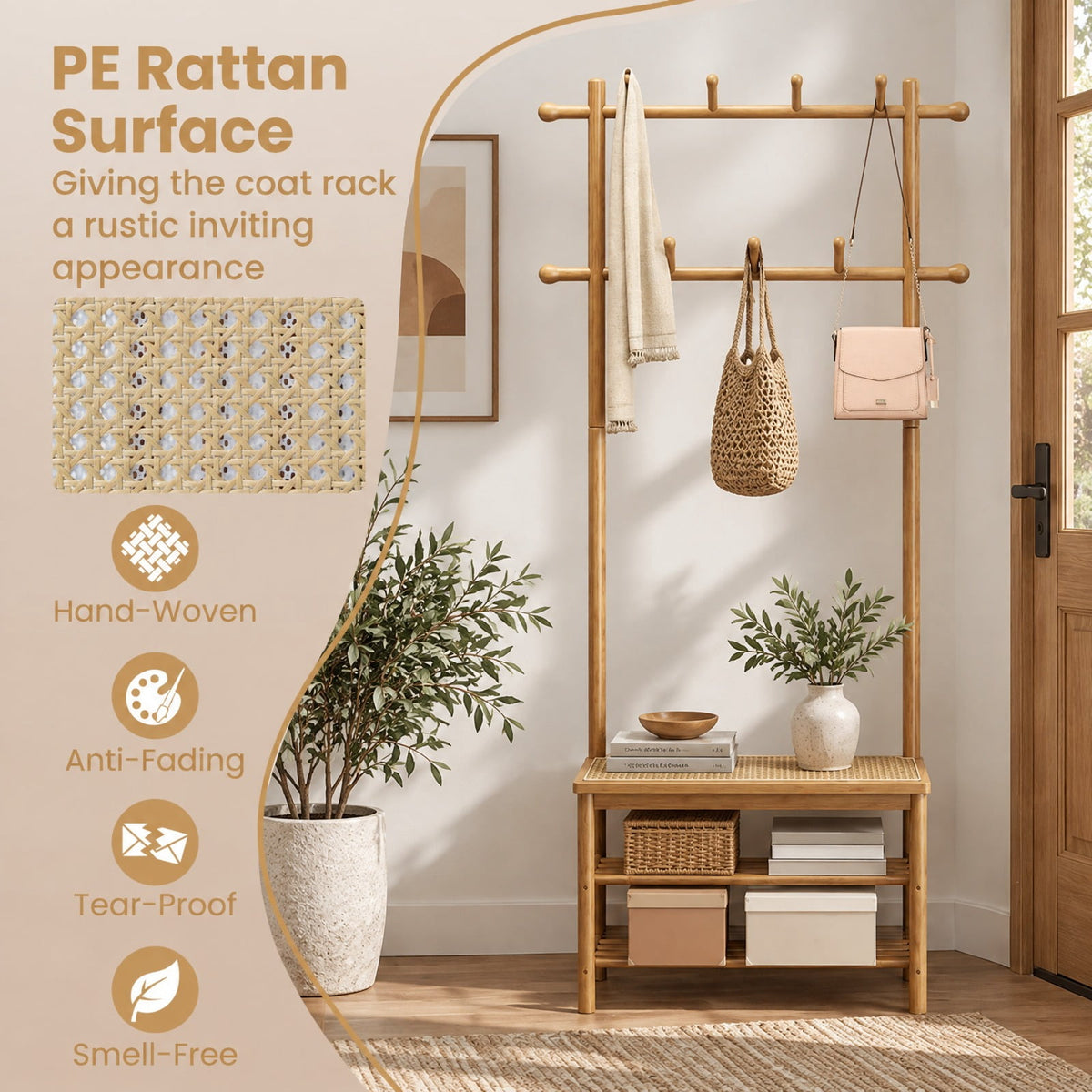 Airfind Bamboo Coat Rack PE Rattan Hall Tree with Bench and Shoe Storage 3-In-1 Entryway Bench, 11 Lbs Capacity, Bamboo PE Rattan, Natural