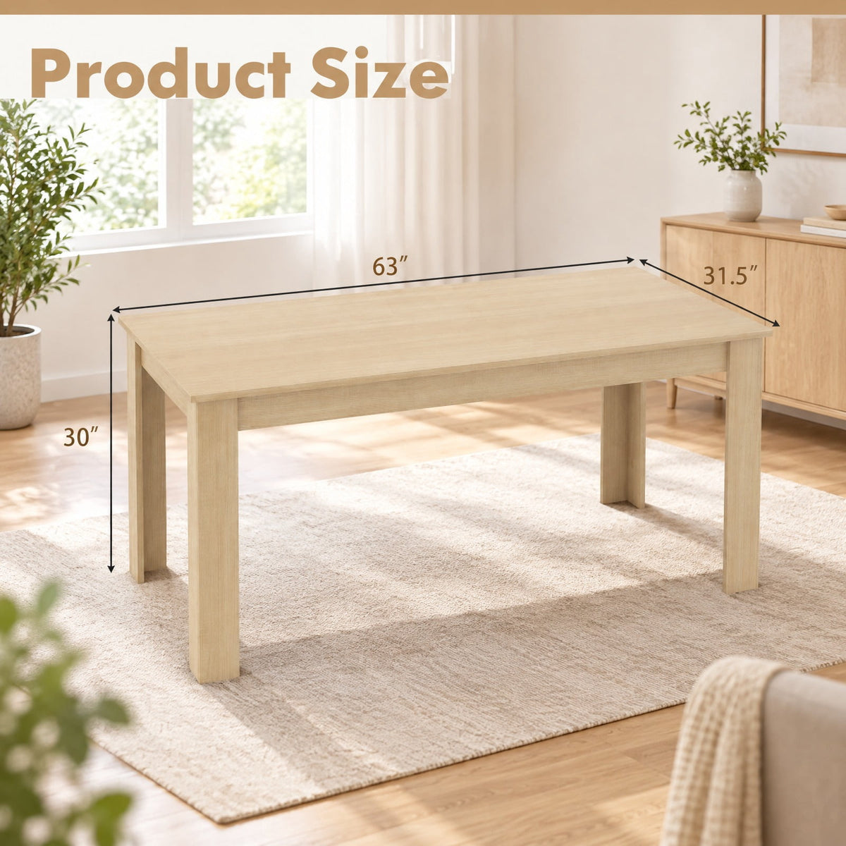 Airfind 63 Inch Rectangular Modern Dining Kitchen Table, 200 lbs Capacity, Engineered wood Frame, 63 x 31.5 x 30 Footprint, Natural