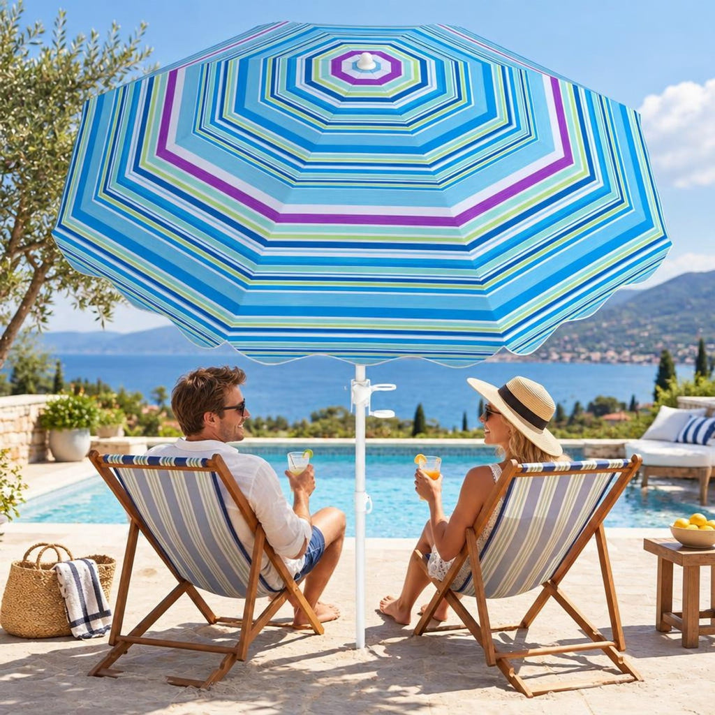 Airfind 6.5 FT Beach Umbrella UPF 50+ with Sand Anchor for Garden Pool, Polyester Fabric Metal Aluminum Alloy PP Frame, Blue Stripe