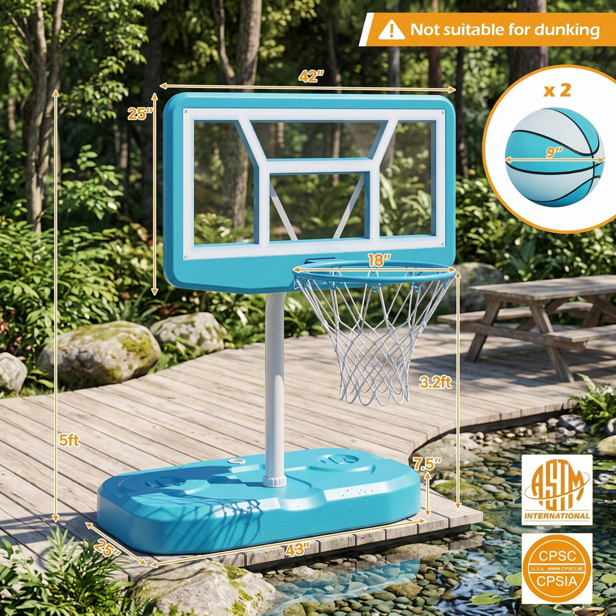 Airfind Pool Basketball Hoop Set with 2 Balls and Inflation Pump, Poolside Water Basketball Game with Weighted Base and Shatterproof Backboard for Indoor Outdoor, Blue