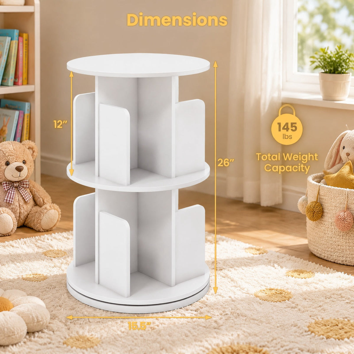 Airfind Bookshelf, 2-Tier Rotating, with Dividers and Anti-falling Baffles, 145 lbs Capacity, Engineered Wood Frame, White